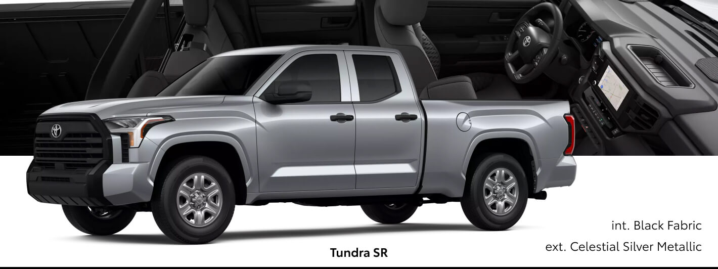 Three-quarter front view of a silver Toyota Tundra SR paired with Black Fabric interior cutout details.
