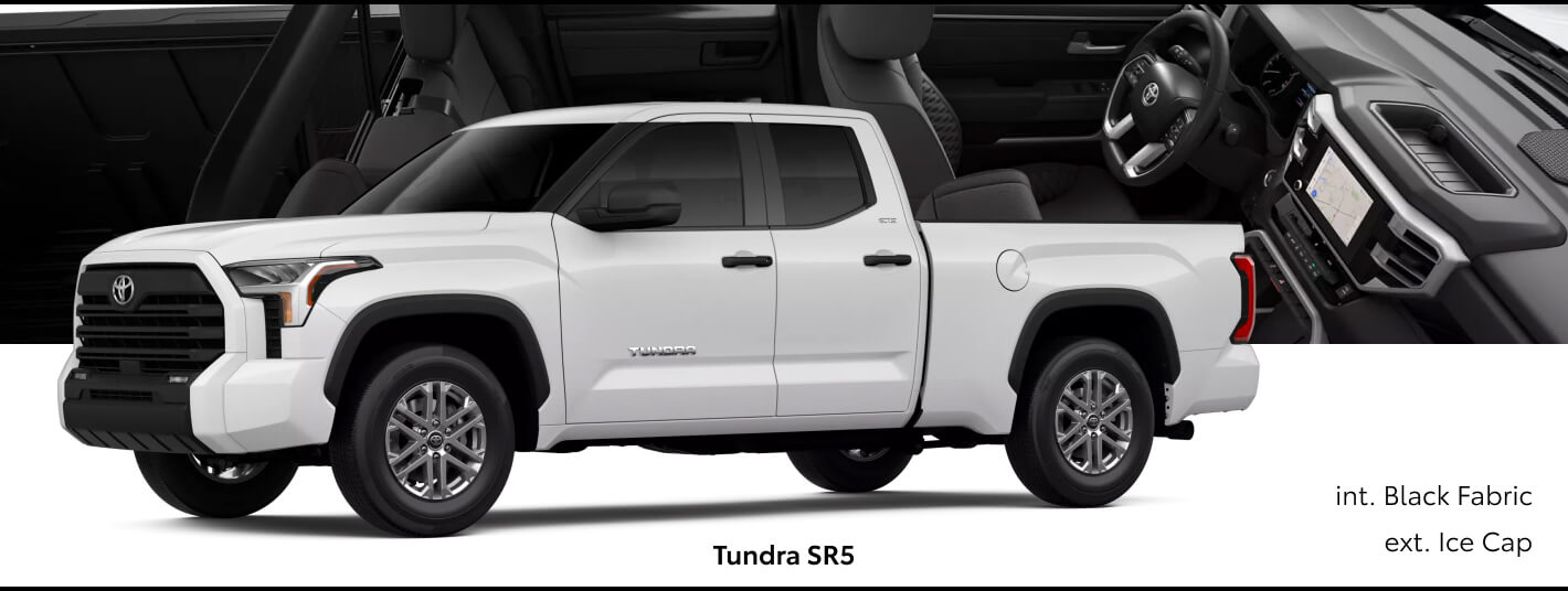 Three-quarter front view of a white Toyota Tundra SR5 paired with Black Fabric interior cutout details.