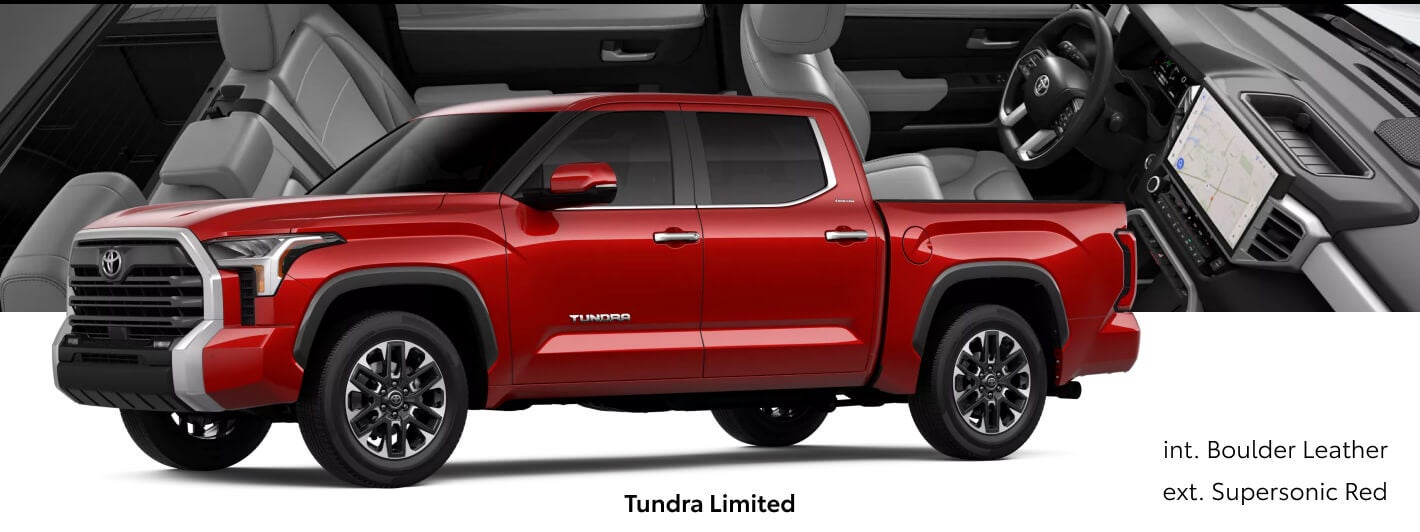 Three-quarter front view of a red Toyota Tundra Limited paired with Boulder Leather interior cutout details.