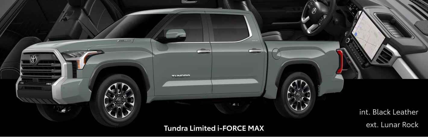 Three-quarter front view of a grey Toyota Tundra Limited i-FORCE MAX paired with Black Leather interior cutout details.