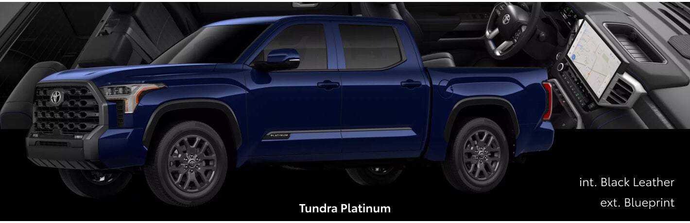 Three-quarter front view of a blue Toyota Tundra Limited Platinum paired with Black Leather interior cutout details.