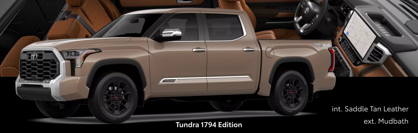 Three-quarter front view of a tan Toyota Tundra 1794 Edition paired with Saddle Tan Leather interior cutout details.