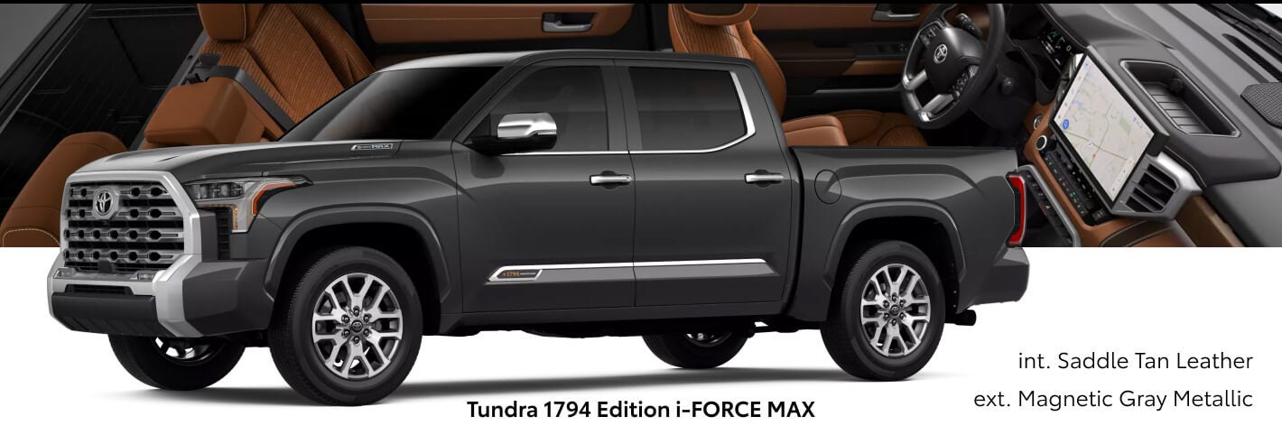 Three-quarter front view of a gray Toyota Tundra 1794 Edition i-FORCE MAX paired with Saddle Tan Leather interior cutout details.