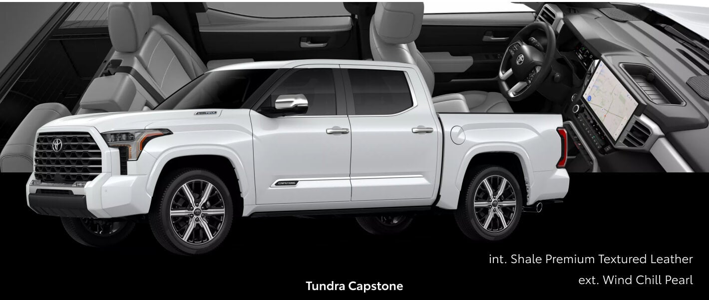 Three-quarter front view of a white Toyota Tundra Capstone paired with Shale Premium Textured Leather interior cutout details.