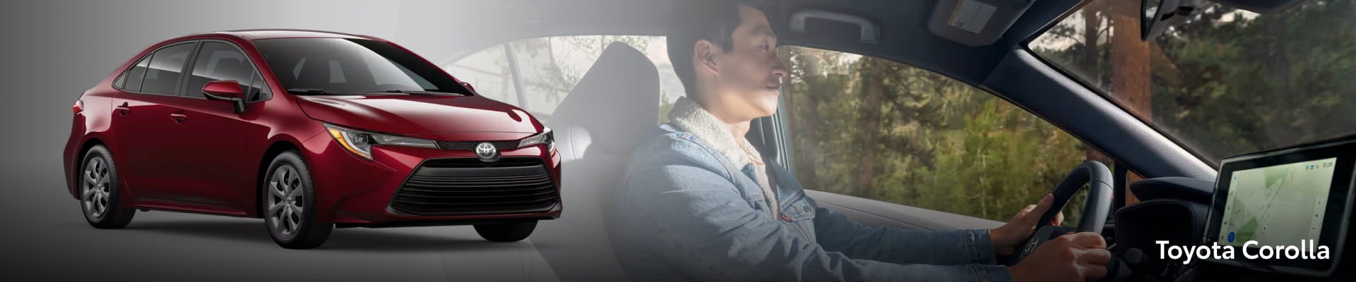 Red Toyota Corolla beside a driver behind the wheel.