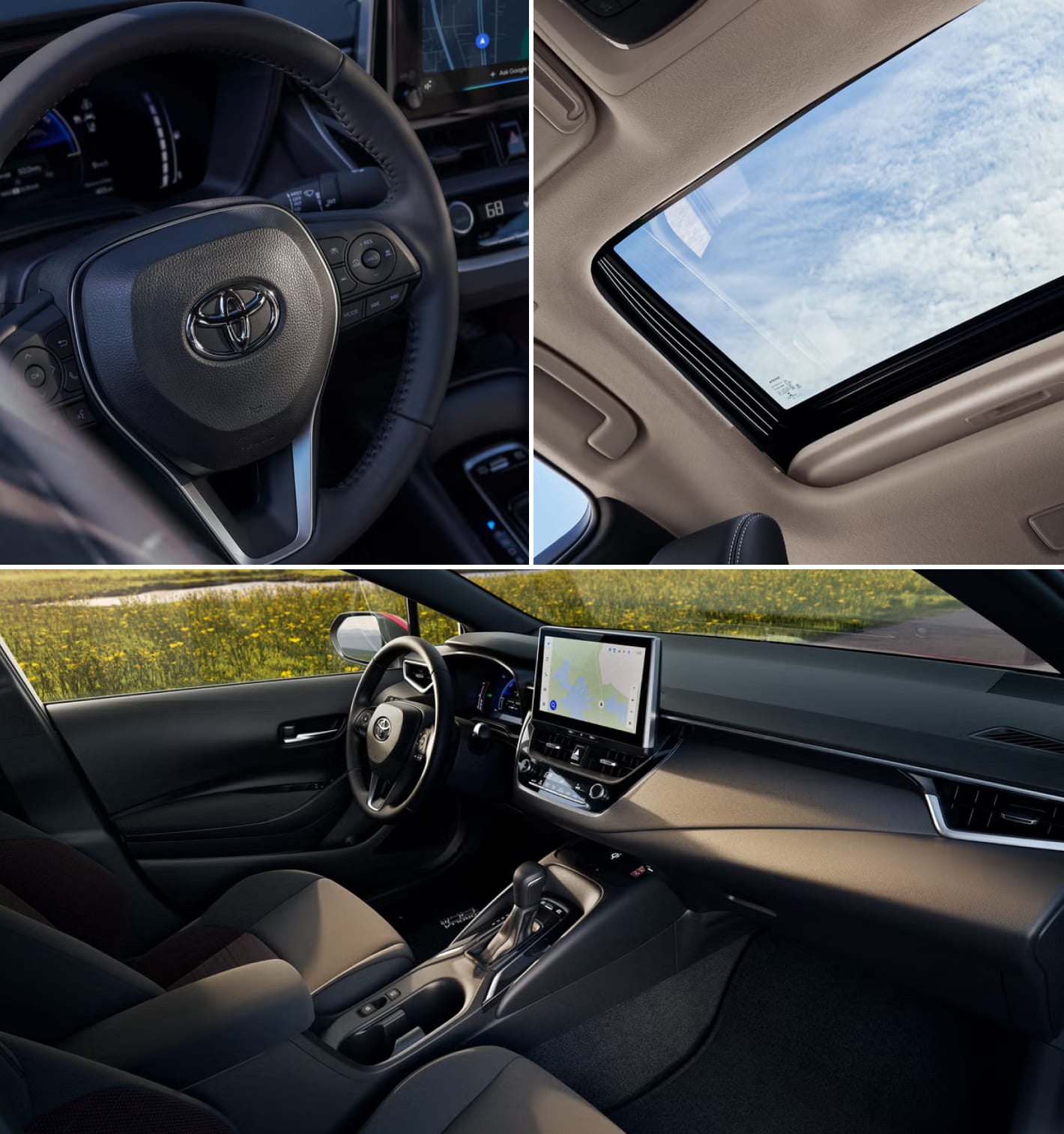 Toyota Corolla steering wheel, sunroof, and dashboard with touchscreen display.